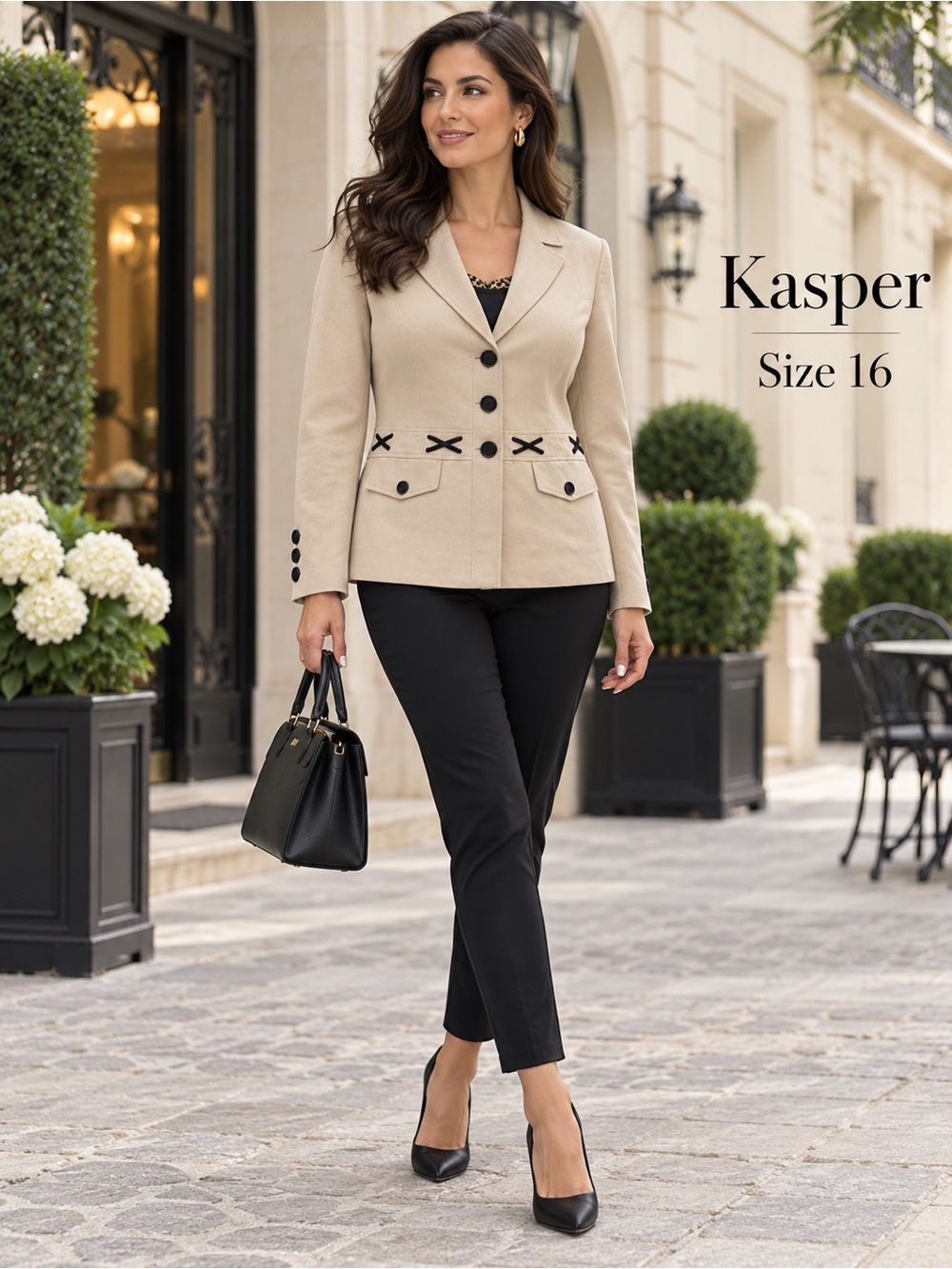 Kasper Size 16 Beige Linen Blend Blazer Leopard Lined Lace Detail